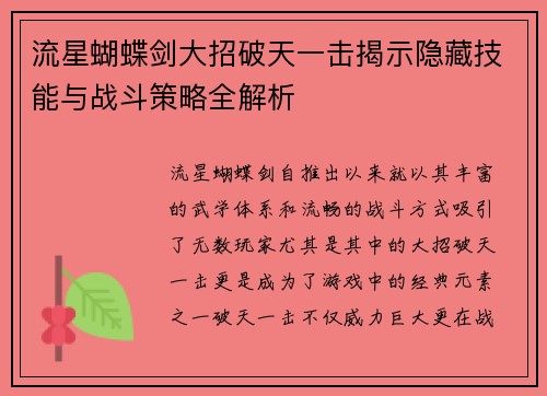 流星蝴蝶剑大招破天一击揭示隐藏技能与战斗策略全解析